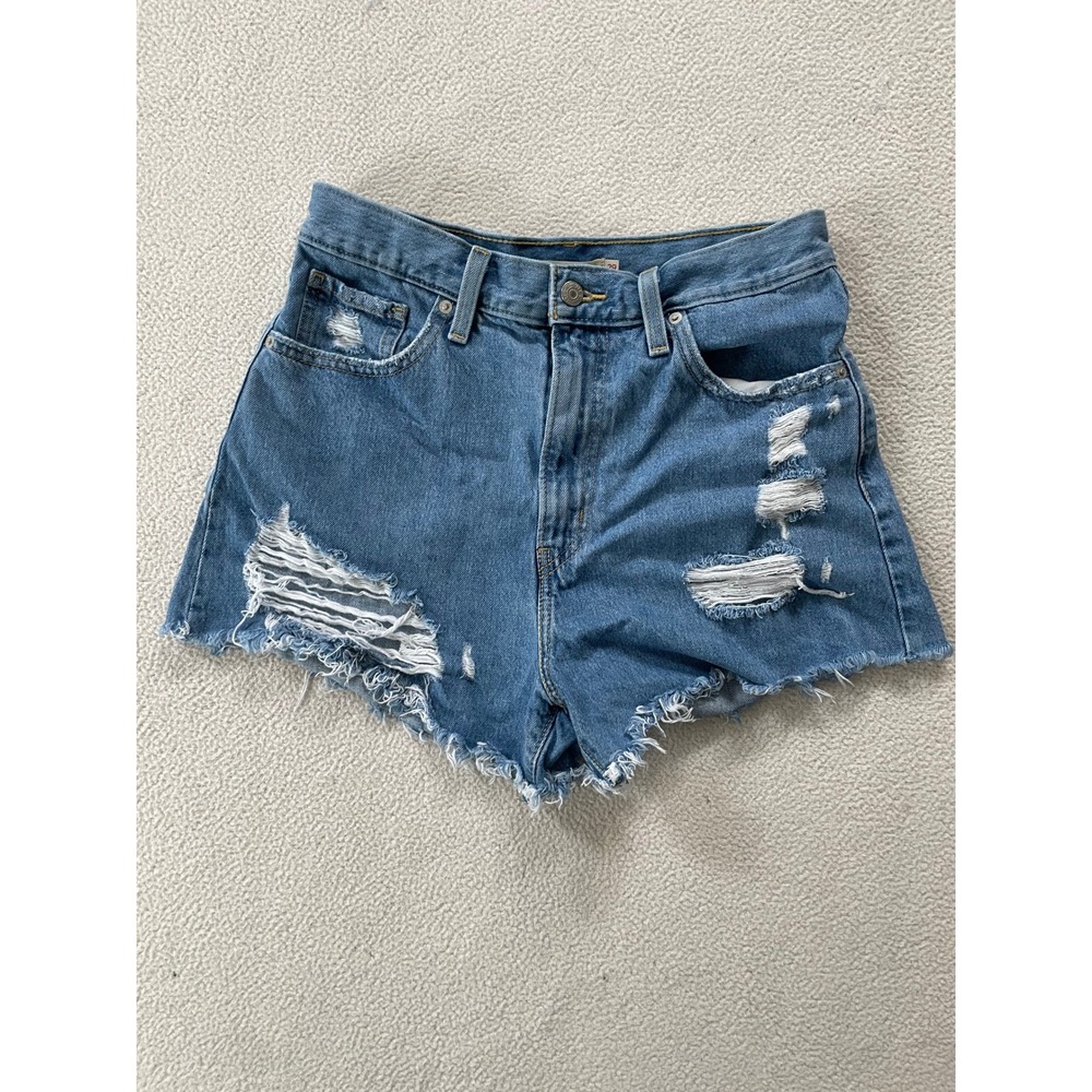 Levi's Womens 29 High Waisted Mom Shorts Blue Distressed Denim A1965-0010
